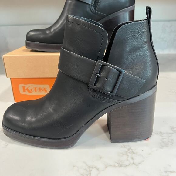 New Korks Womens Kari Booties Black Leather Front Strap Stacked Heel Ankle Sz 9 - Picture 1 of 10